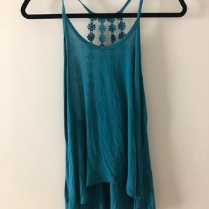 Blue Tank Top with Flower Straps on back.